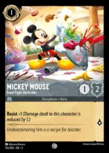 Disney lorcana set 5 Shimmering Skies. Mickey Mouse "Food Fight Defender" common trading card.