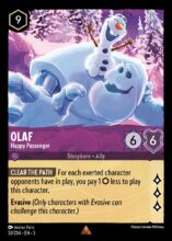 Disney Lorcana set 5 Shimmering Skies. Olaf "Happy Passenger" rare trading card.