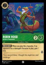 Disney Lorcana set 5 Shimmering Skies. Robin Hood "Archery Contestant" common trading card.