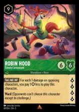 Disney Lorcana set 5 Shimmering Skies. Robin Hood "Timely Contestant" rare trading card.