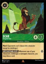 Disney Lorcana set 5 Shimmering Skies. Scar "Vengeful Lion" rare trading card.