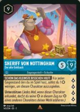 Disney Lorcana set 5 Shimmering Skies. Sheriff of Nottingham "Old Moneybags" rare trading card.