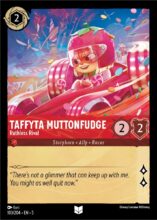 Disney Lorcana set 5 Shimmering Skies. Taffyta Muttonfudge "Ruthless Rival" uncommon trading card.