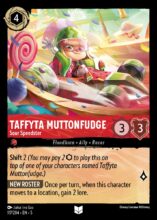 Disney Lorcana set 5 Shimmering Skies. Taffyta Muttonfudge "Sour Speedster" uncommon trading card.