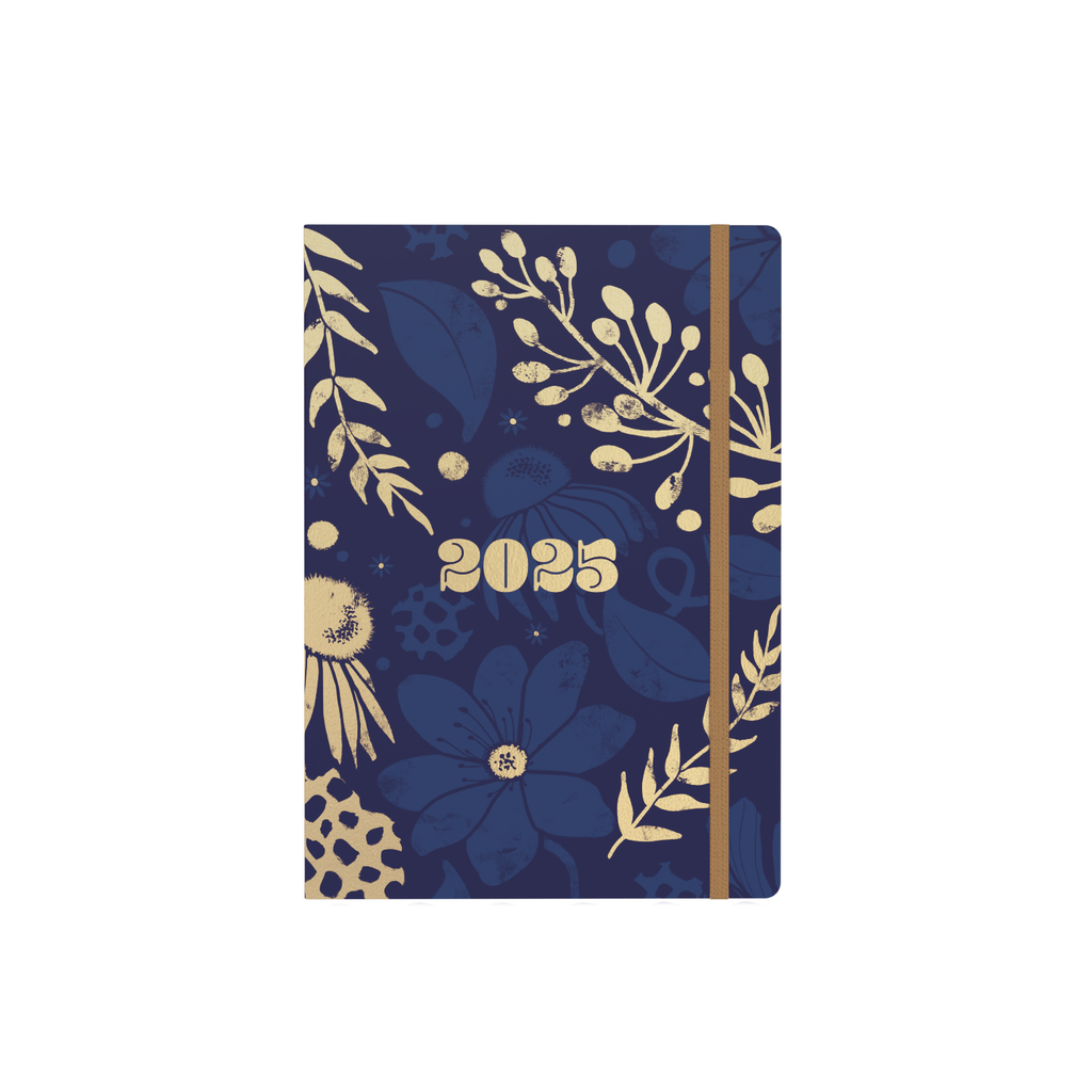 2025 Collins Debden Diary. Abstract Botanicals A5 Week to View diary in blue.