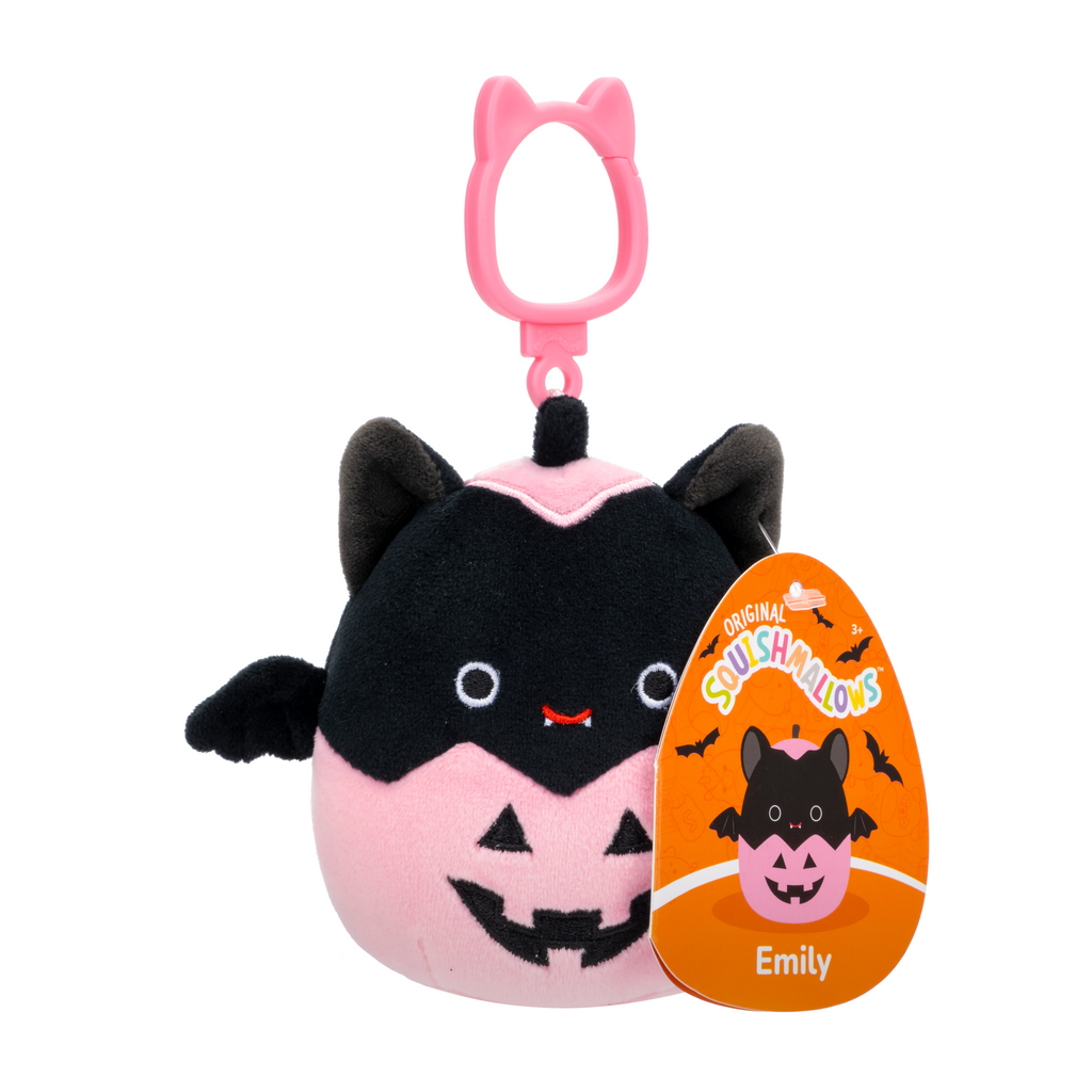 Emily the Black Bat in Pink Jack-O-Lantern for Halloween 2024 3.5 inch plush clip keychain Squishmallow.