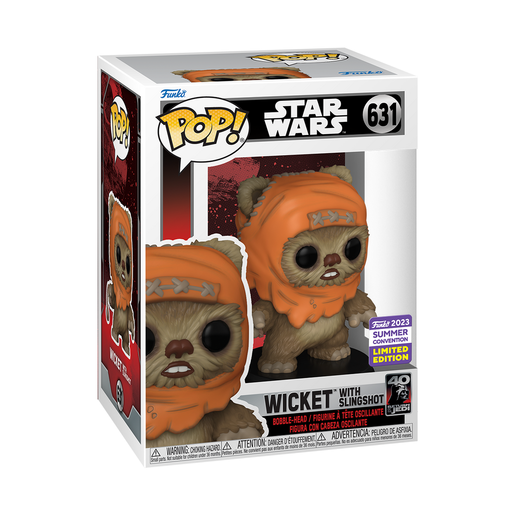 Funko Pop! Vinyl figure of Star Wars character Wicket with Slingshot from the SDCC23 release.
