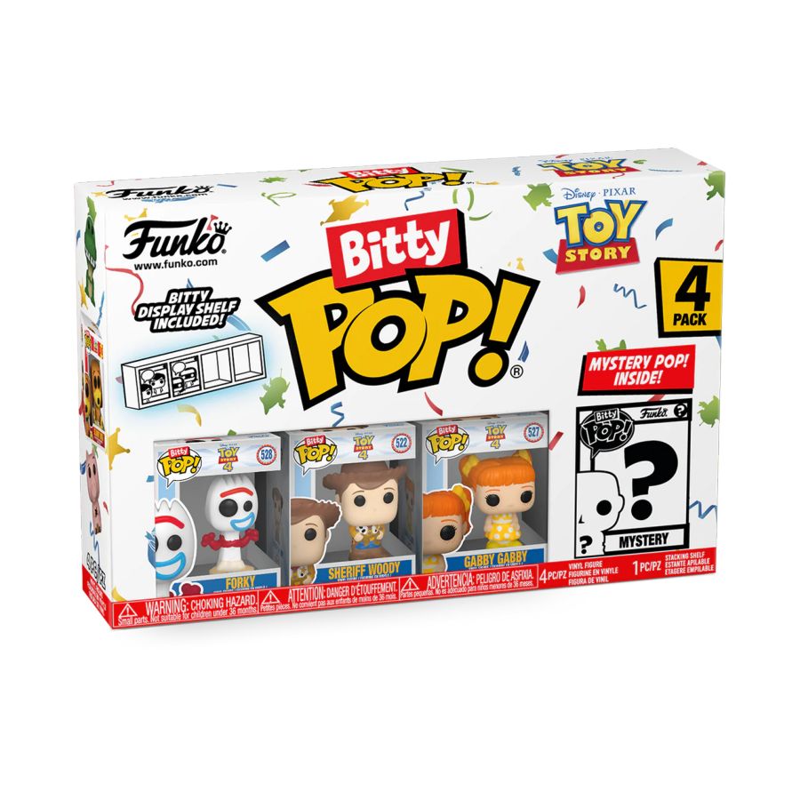 Funko Bitty Pop! Vinyl 4 pack of Disneys Toy Story characters Forky, Sheriff Woody & Gabby Gabby plus mystery mini.