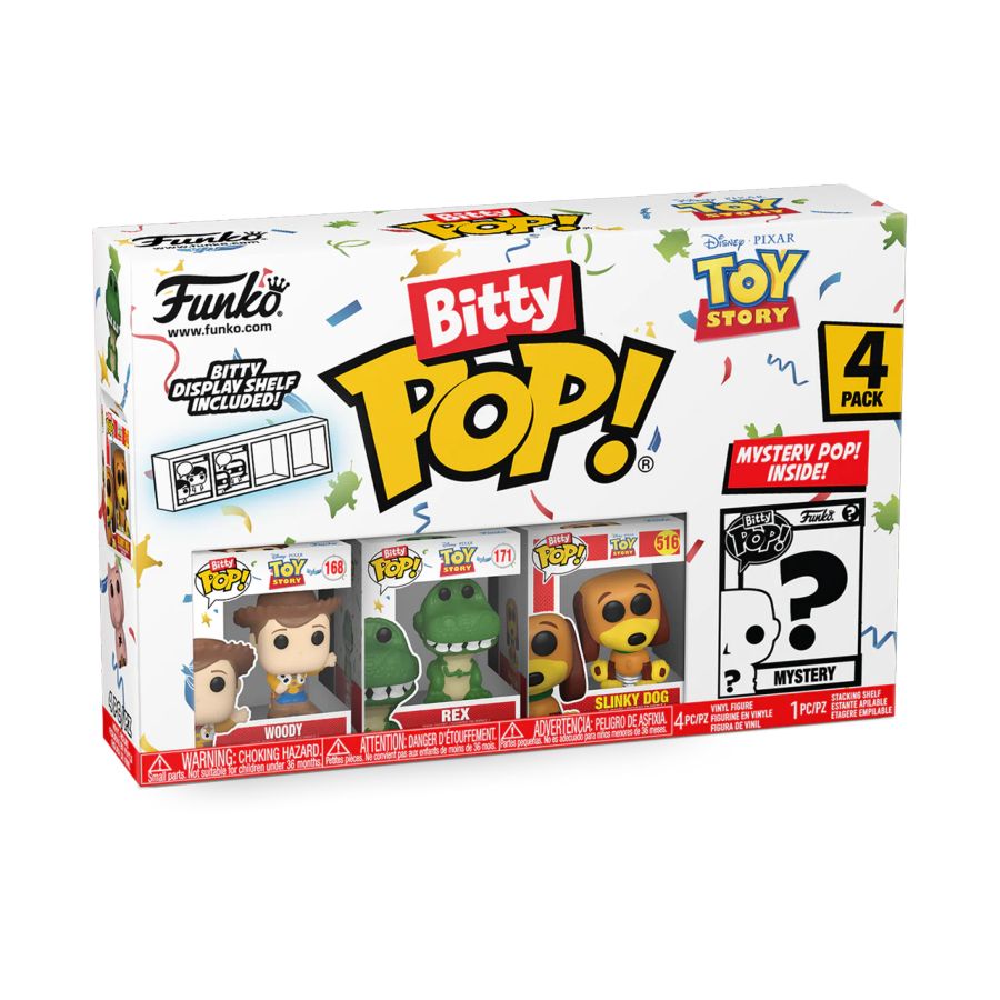 Funko Bitty Pop! Vinyl 4 pack of Toy Story characters Woody, Rex & Slinky Dog plus mystery mini.