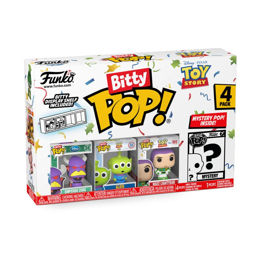 Funko Bitty Pop! Vinyl of Toy Story character Zurg, Alien & Buzz plus a mystery mini.