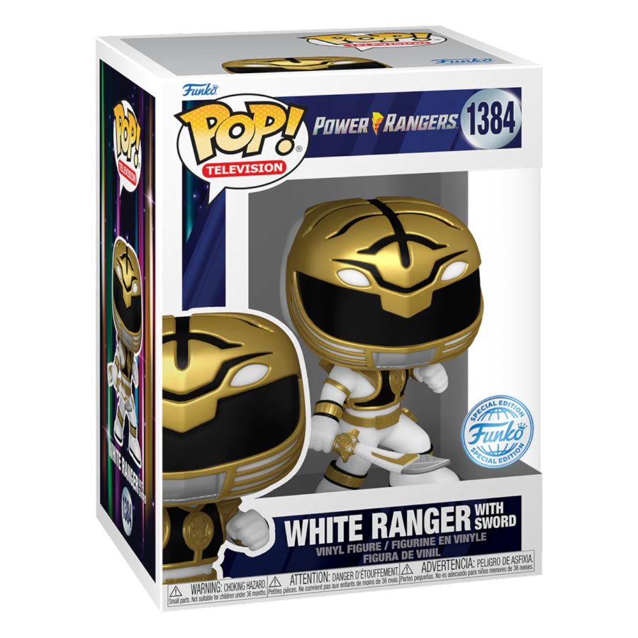 Funko Pop! Vinyl figure of Power Rangers 30th Anniversary character White Ranger with Sword.
