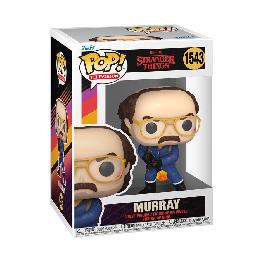 Funko Pop! Vinyl figure of Stranger Things character Murray with Flamethrower.