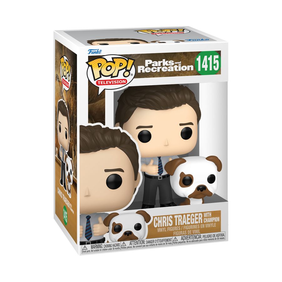 Funko Pop! Vinyl figure of Parks & Recreation character Chris Traeger with Champion.