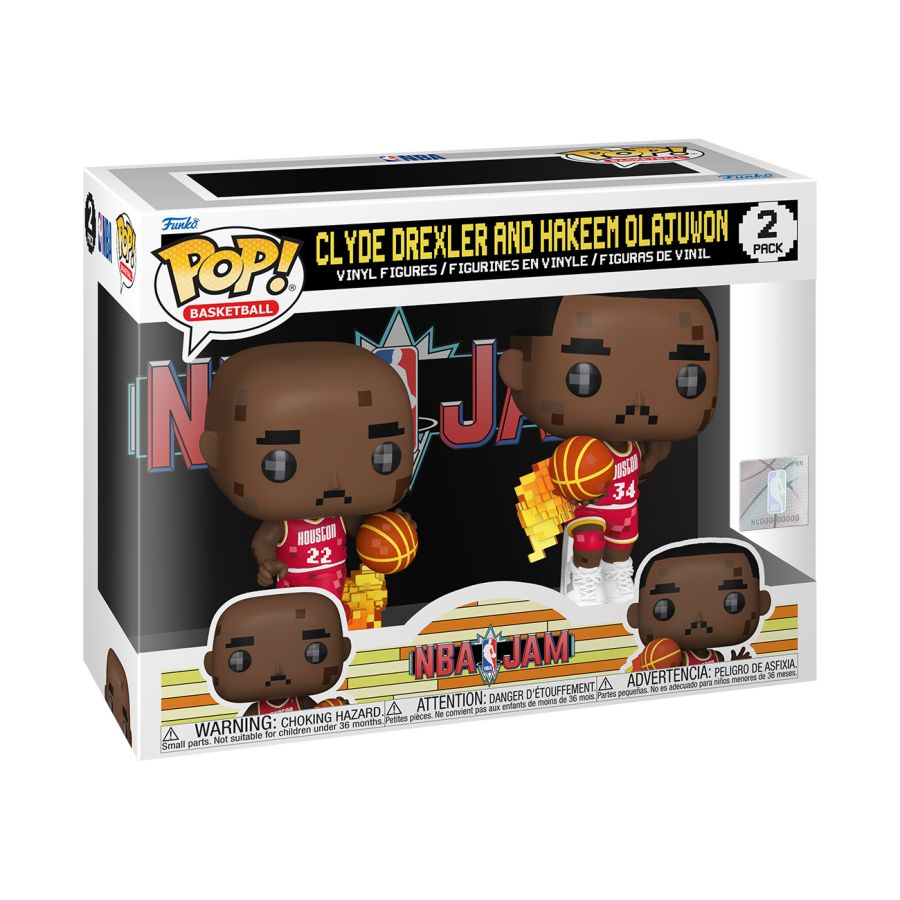 Funko Pop! Vinyl 2 pack of NBA legends from the Houston Rockets Hakeem Olajuwon and Clyde Drexler.