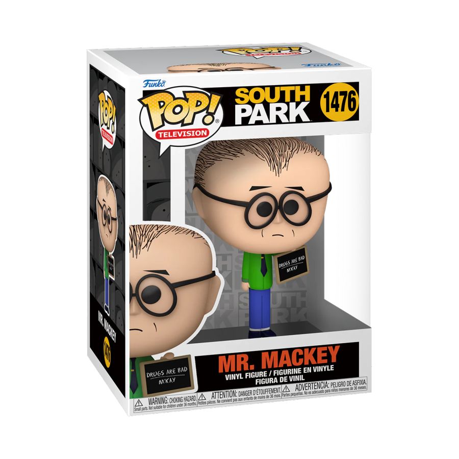 Funko Pop! Vinyl figure of South Park character Mr. Mackey with sign.
