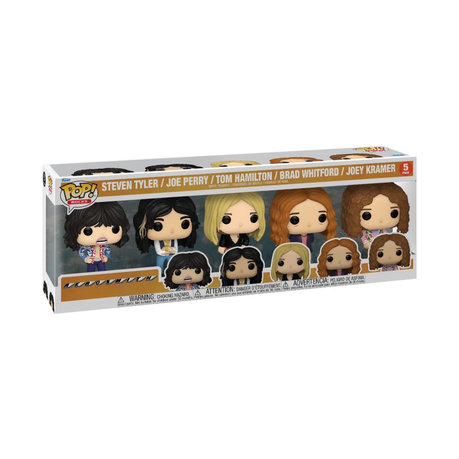 Funko Pop! Vinyl 5 pack figures of the band Aerosmith. Featuring Steven Tyler, Joe Perry, Tom Hamilton, Brad Whitford and Joey Kramer.