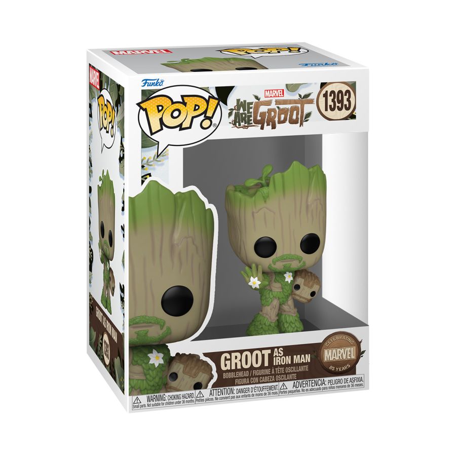 Funko Pop! Vinyl figure of Marvel's We Are Groot character Groot as Iron Man.