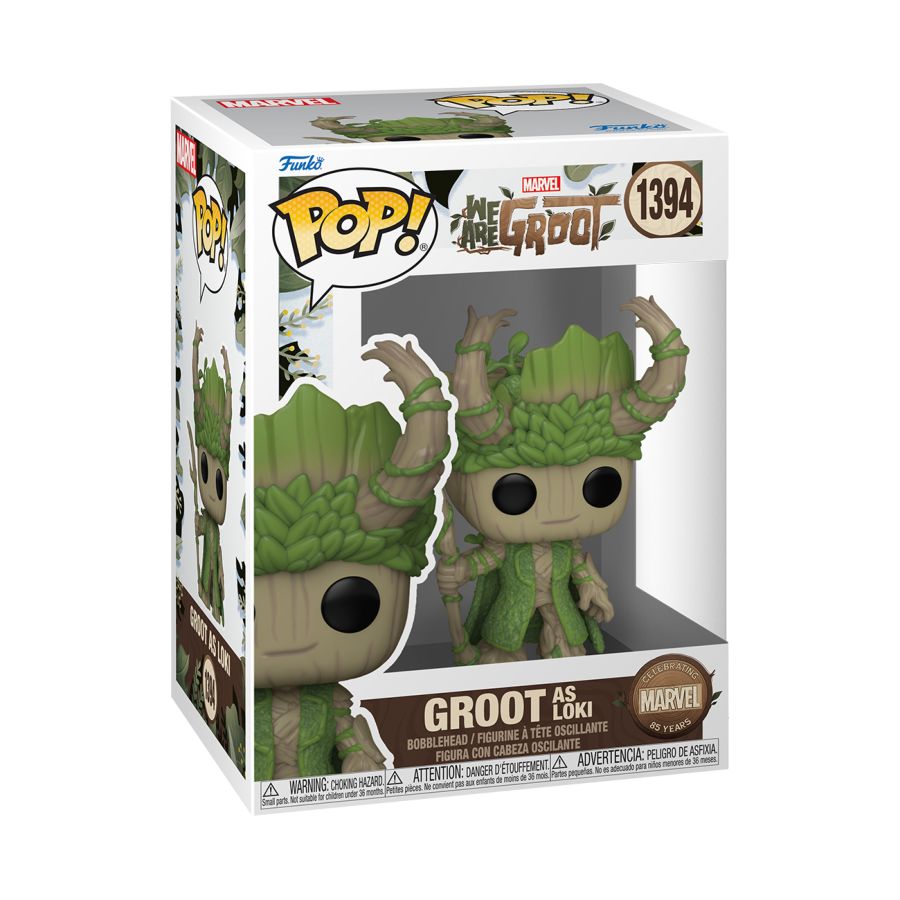 Funko Pop! Vinyl figure of Marvel's We Are Groot character Groot as Loki.