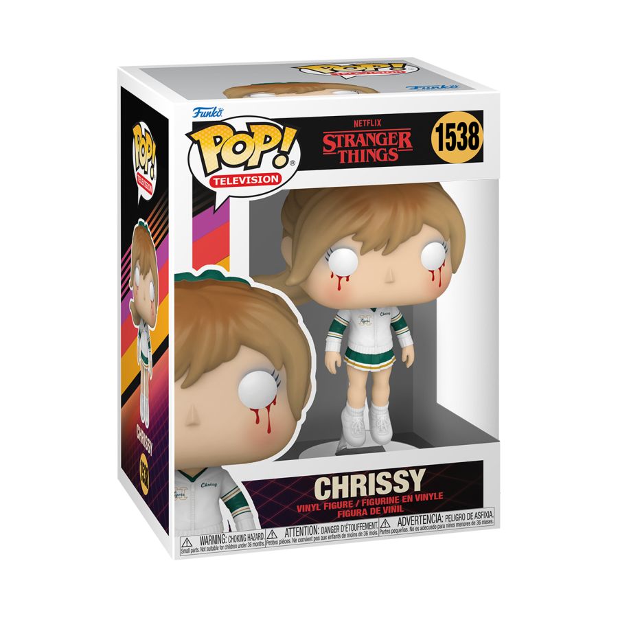 Funko Pop! Vinyl figure of Stranger Things character Chrissy floating and bloody.