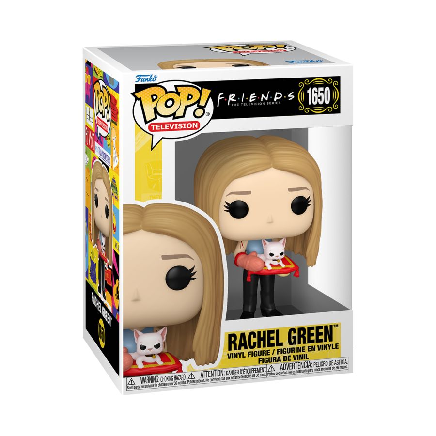 Funko Pop! Vinyl figure of Friends character Rachel Green with Hairless Cat.