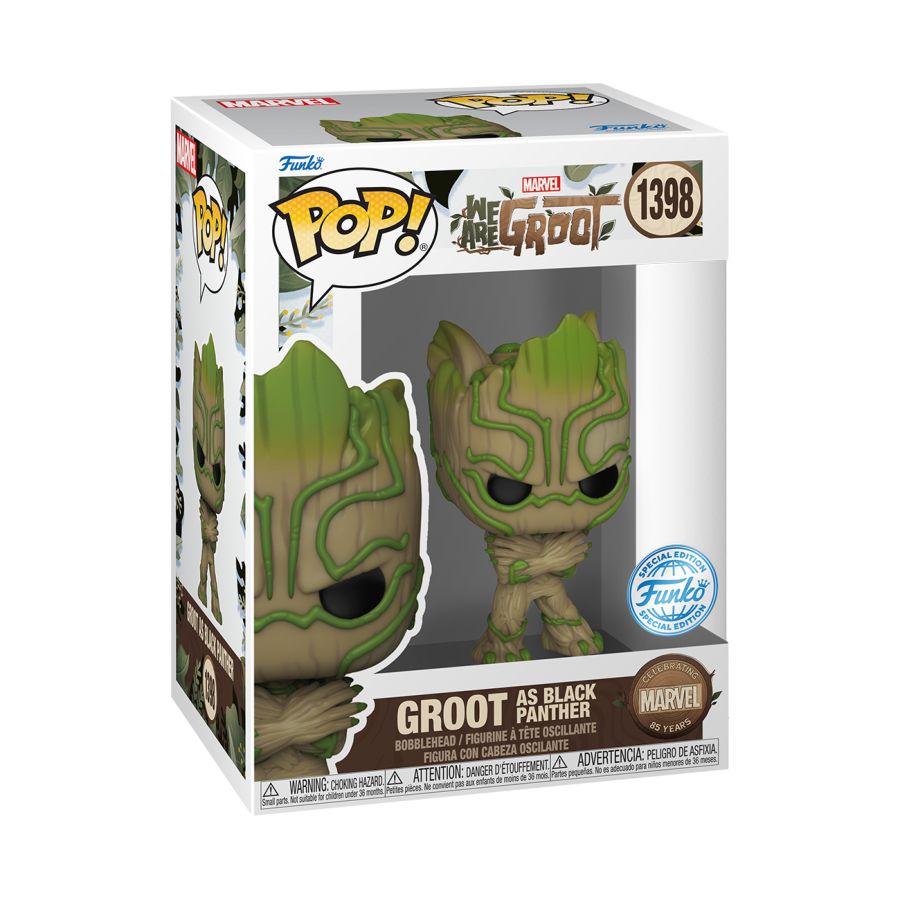 Funko Pop! Vinyl figure of Marvel's We Are Groot character Groot as Black Panther.