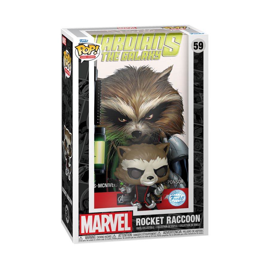 Funko PoP! Vinyl Comic Cover of Marvel's Rocket Raccoon from Guardians of the Galaxy.