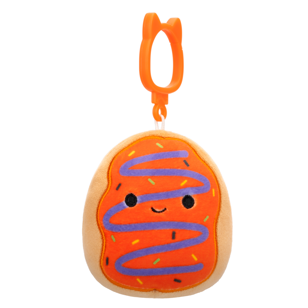 Jay the Orange Frosted Doughnut for Halloween 2024 3.5 inch plush clip keychain Squishmallow.