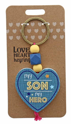 My Son Hero Love heart Keyring from TSK. Available at the Funporium Australia's gift store.