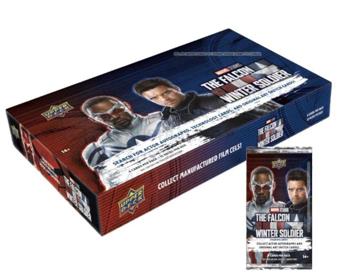 Marvel Studios Falcon & the Winter Soldier trading card box. Contains 15 packs and 6 cards per pack.