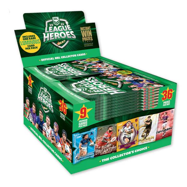 Retail box of 2026 League Heroes NRL trading cards.