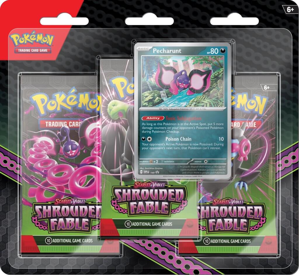 Pokemon TCG Scarlet & Violet expansion Shrouded Fable. 3 Pack blister with bonus Pecharunt card.