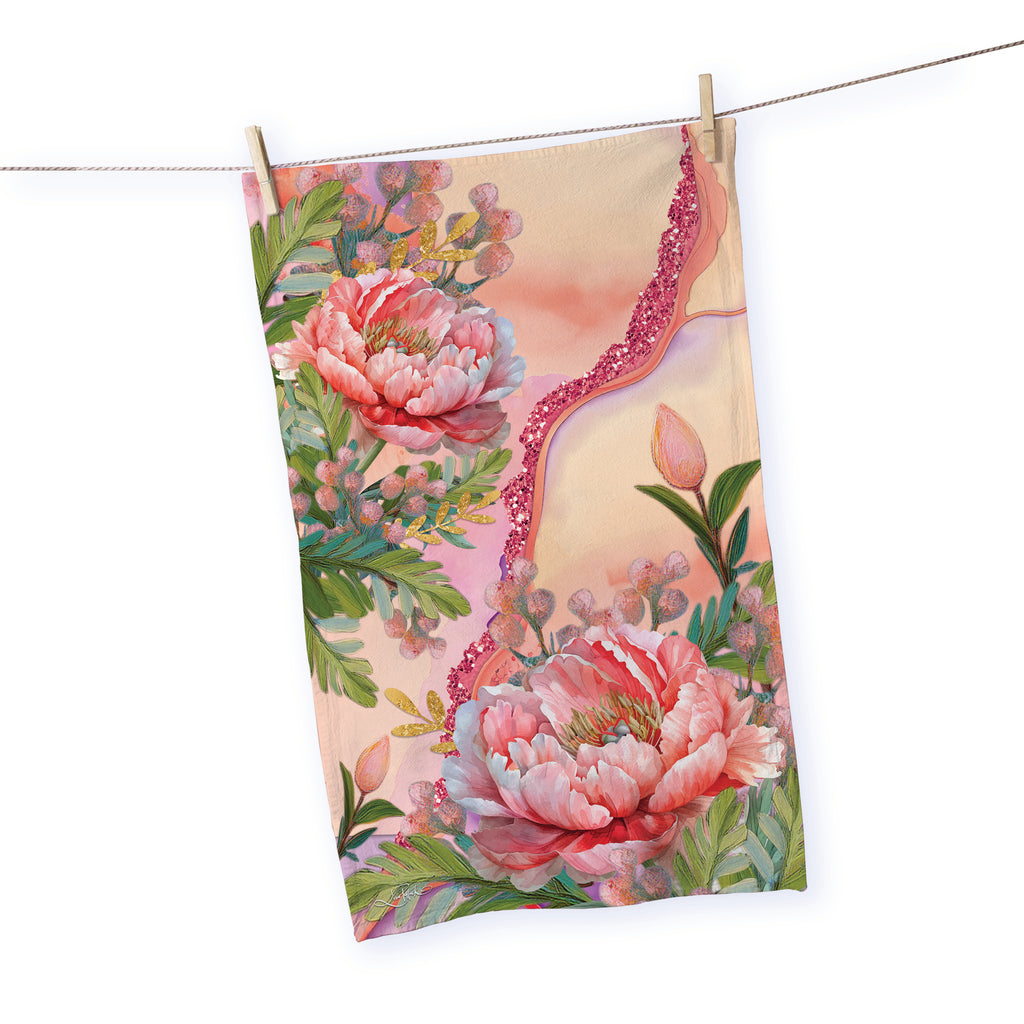 Cotton Tea Towel - Coral Peony - 45 x 70cm - Lisa Pollock