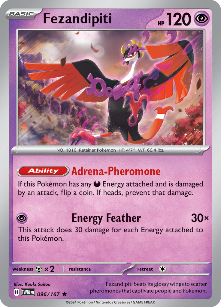 Pokemon TCG Scarlet & Violet expansion Twilight Masquerades. Fezandipiti rare card.