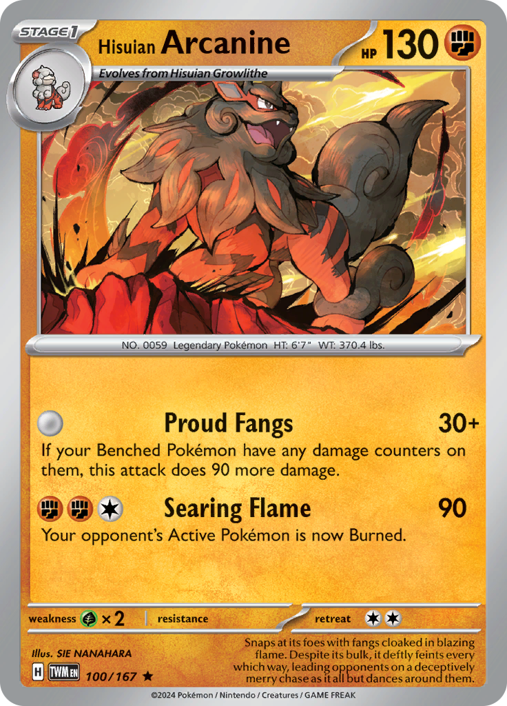 Pokemon TCG Scarlet & Violet expansion Twilight Masquerades. Hisuian Arcanine rare card.