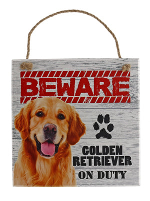 Beware of the Dog pet signs. Golden Retriever on duty.