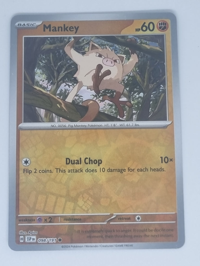 Pokemon TCG - Surging Sparks - #098/191 - Reverse Holo - Mankey - Comm Funporium Pokemon TCG - Surging Sparks - #098/191 - Reverse Holo - Mankey - Comm Funporium