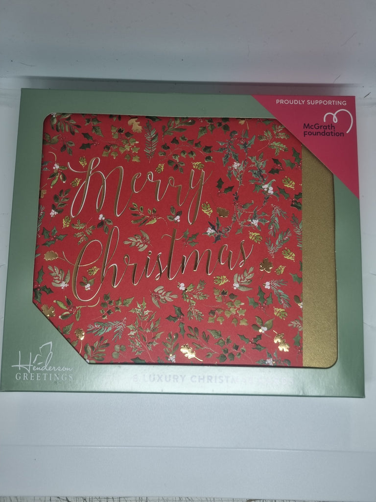 Henderson Greetings Boxed Charity (McGrath Foundation) Christmas Cards. 8 Cards Featuring Merry Christmas over Red Background with leaves.