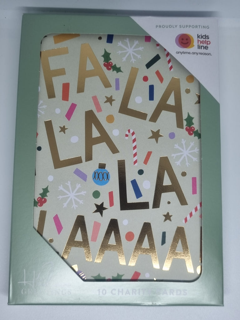 Henderson Greetings Boxed Charity (Kids Help Line) Christmas Cards. 10 Cards featuring "Fa la la la la" in gold.