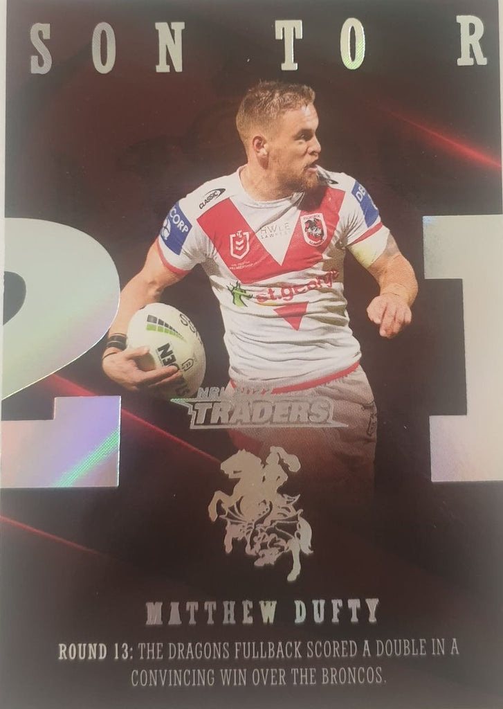 2022 TLA NRL Traders Trading card insert series 2021 Season to Remember of St George Illawarra Dragons player Matthew Dufty card 38/48.