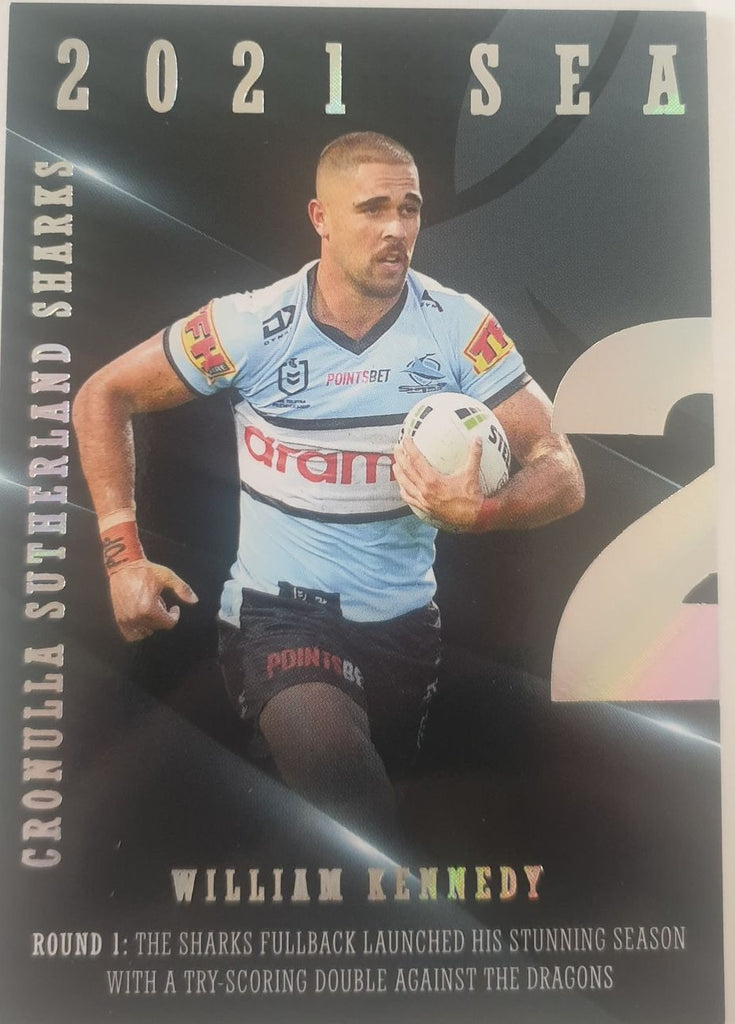 2022 TLA NRL Traders Trading card insert series 2021 Season to Remember of Cronulla Sharks player William Kennedy card 10/48.