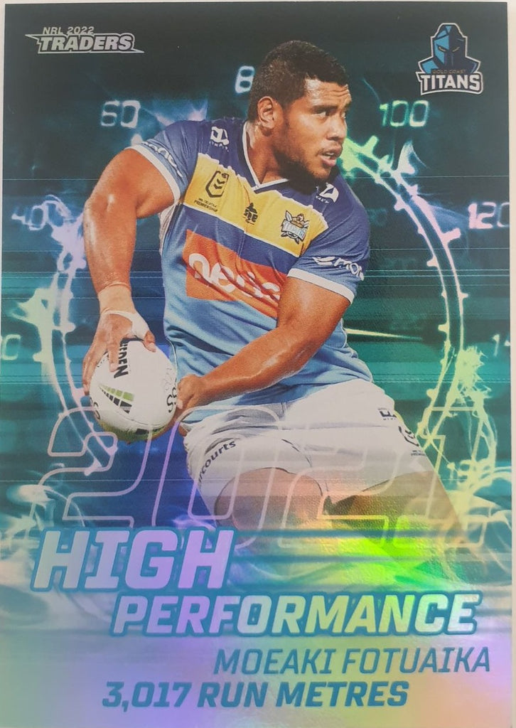 2022 TLA NRL Trading Cards insert series High Performance of Gold Coast Titans player Moeaki Fotuaika. Card 14/48.