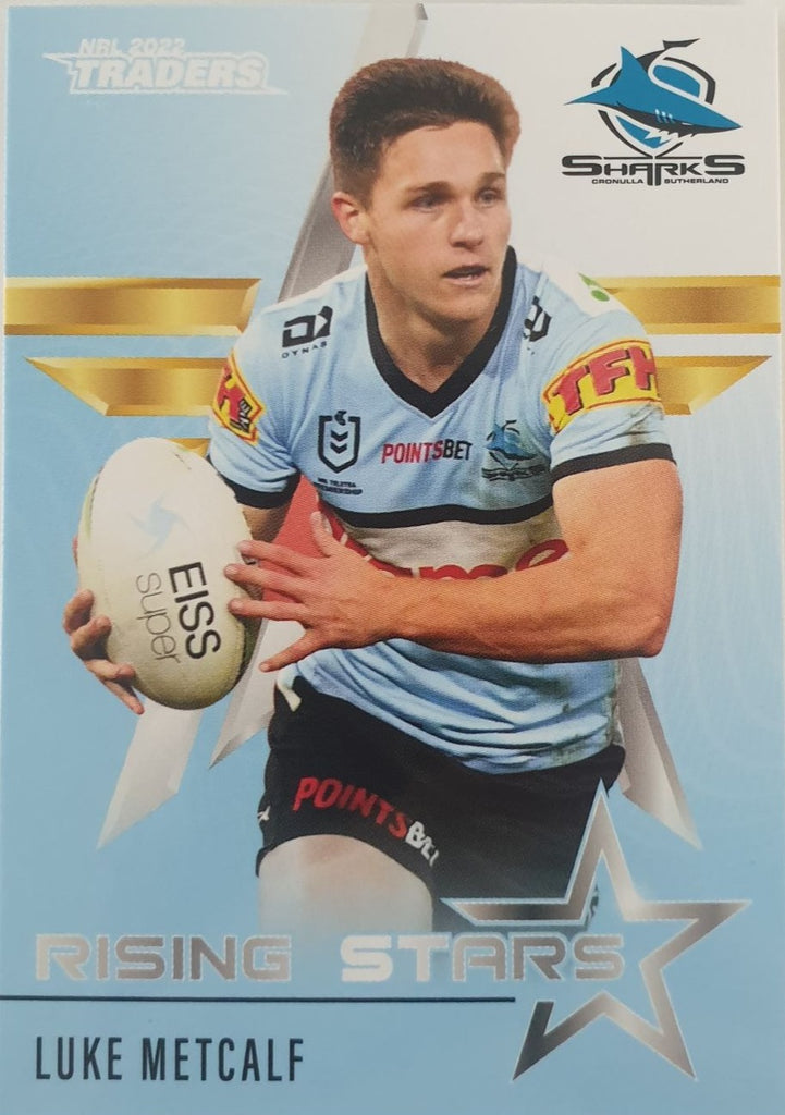 2022 TLA NRL Traders Trading card insert series Rising Stars of Cronulla Sharks player Luke Metcalf card 10/48.