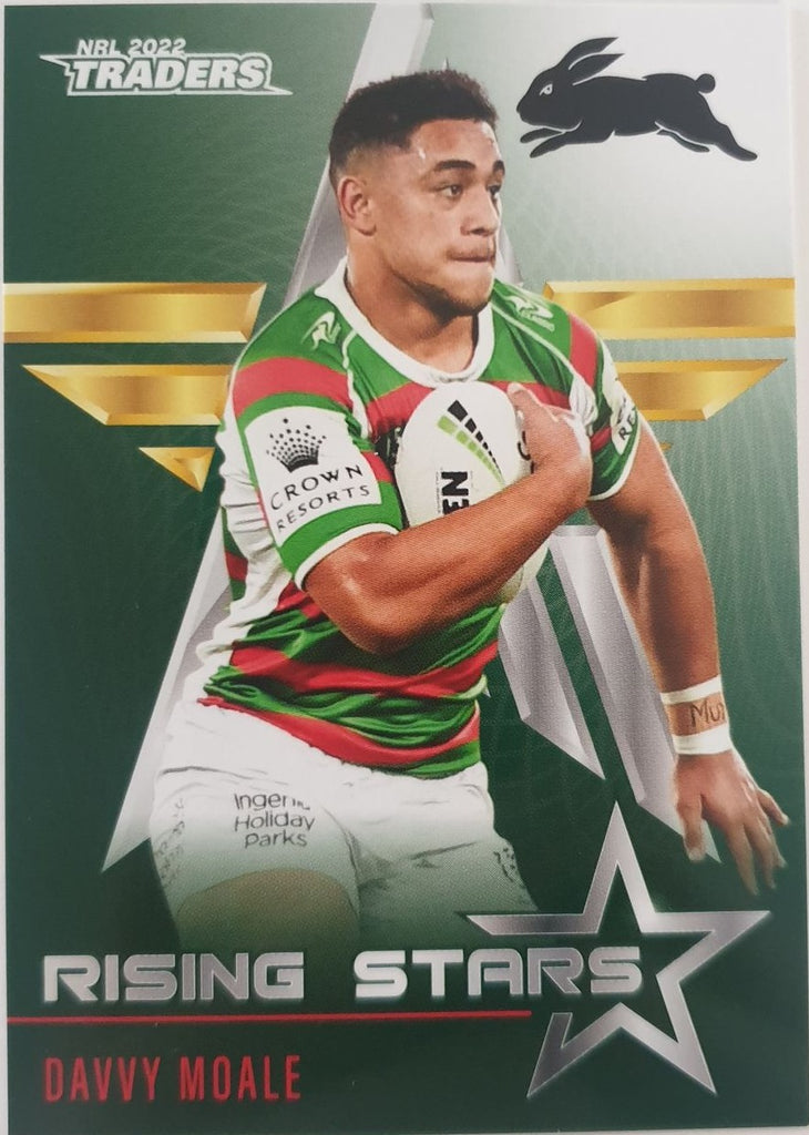 2022 TLA NRL Traders Trading card insert series Rising Stars of South Sydney Rabbitohs player Davvy Moale card 35/48.