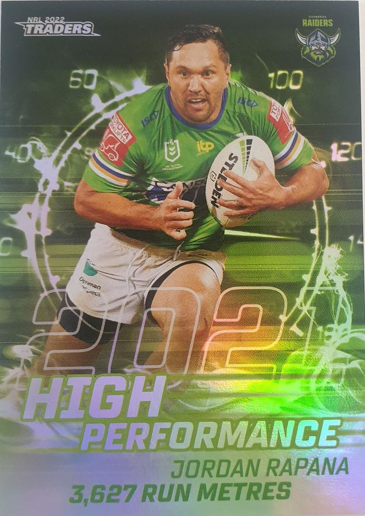 2022 TLA NRL Trading Cards insert series High Performance of Canberra Raiders player Jordan Rapana. Card 05/48.
