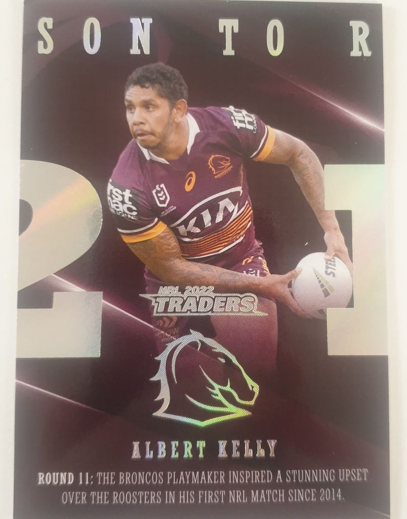 2022 TLA NRL Traders Trading card insert series 2021 Season to Remember of Brisbane Broncos player Albert Kelly card 02/48.