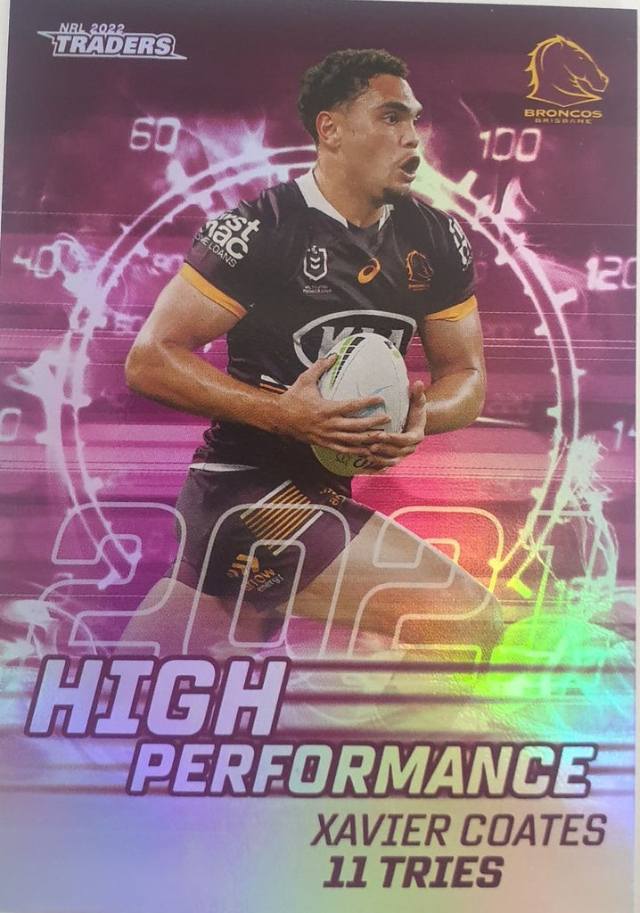 2022 TLA NRL Trading Cards insert series High Performance of Brisbane Broncos player Xavier Coates. Card 01/48.