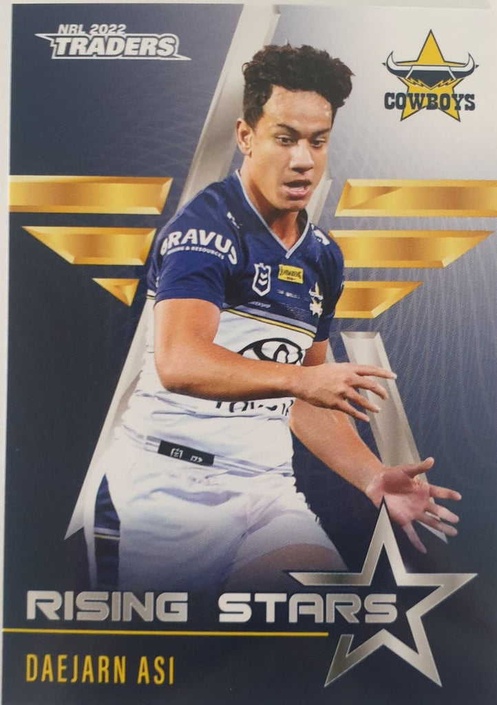 2022 TLA NRL Traders Trading card insert series Rising Stars of North Queensland Cowboys player Daejarn Asi card 25/48.