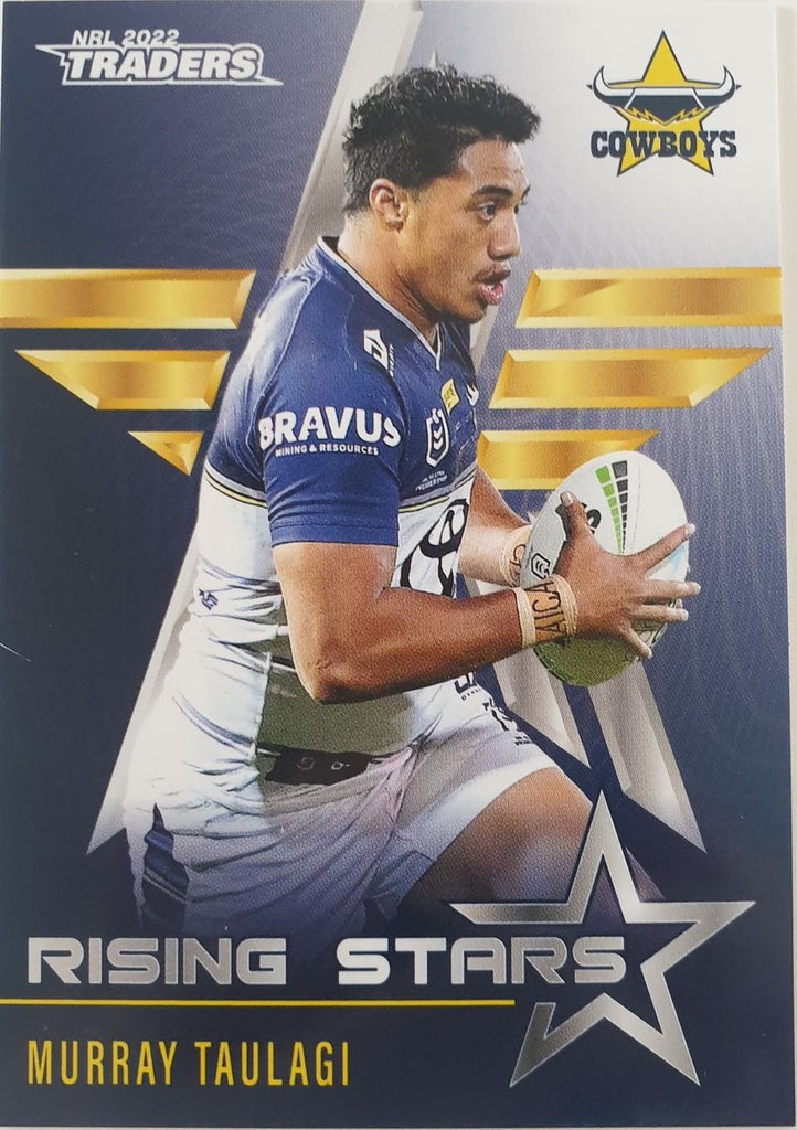 2022 TLA NRL Traders Trading card insert series Rising Stars of North Queensland Cowboys player Murray Taulagi card 27/48.