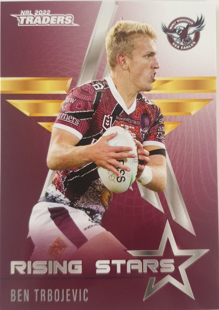 2022 TLA NRL Traders Trading card insert series Rising Stars of Manly Warringah Sea-Eagles player Ben Trbojevic card 18/48.