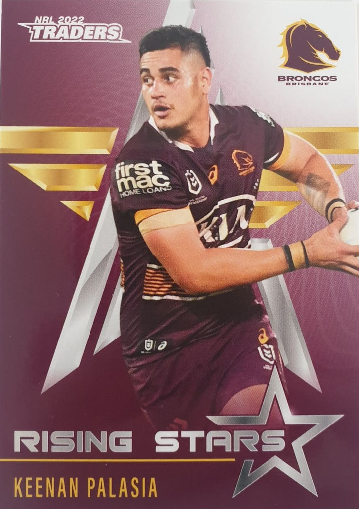 2022 TLA NRL Traders Trading card insert series Rising Stars of Brisbane Broncos player Keenan Palasia card 02/48.